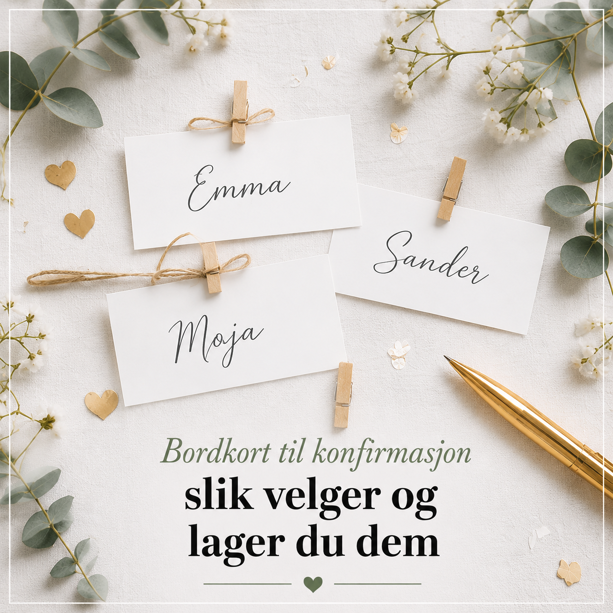 Bordkort til konfirmasjon med kalligrafi-navn, hyssing og eukalyptus – slik velger og lager du dem