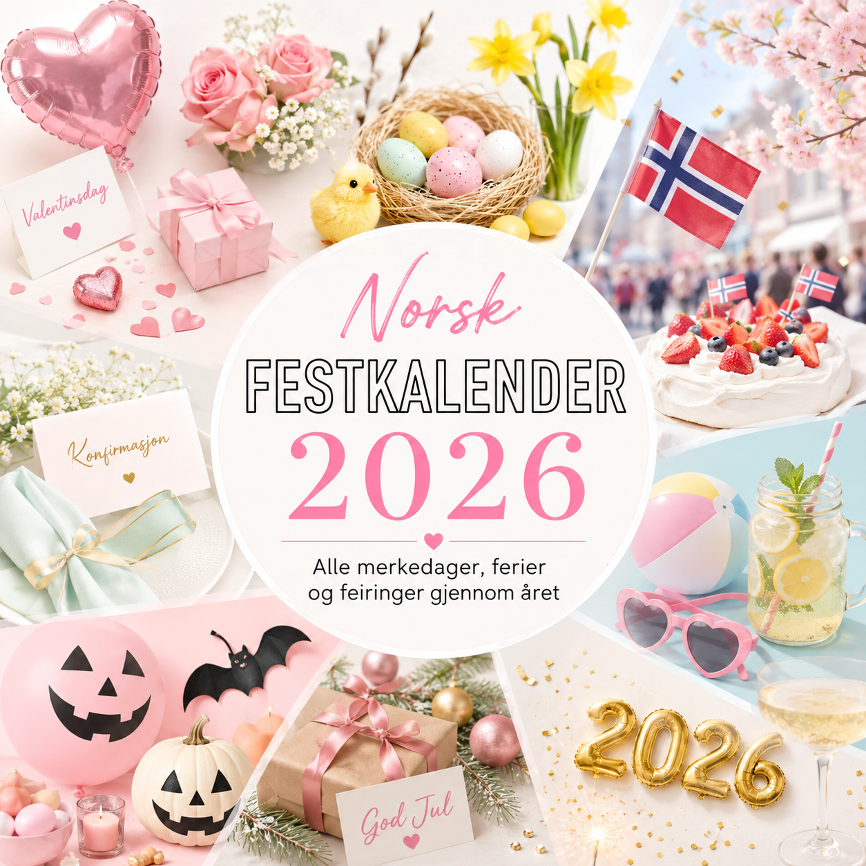 Norsk festkalender 2026 med valentinsdag, påske, 17. mai, konfirmasjon, halloween og jul