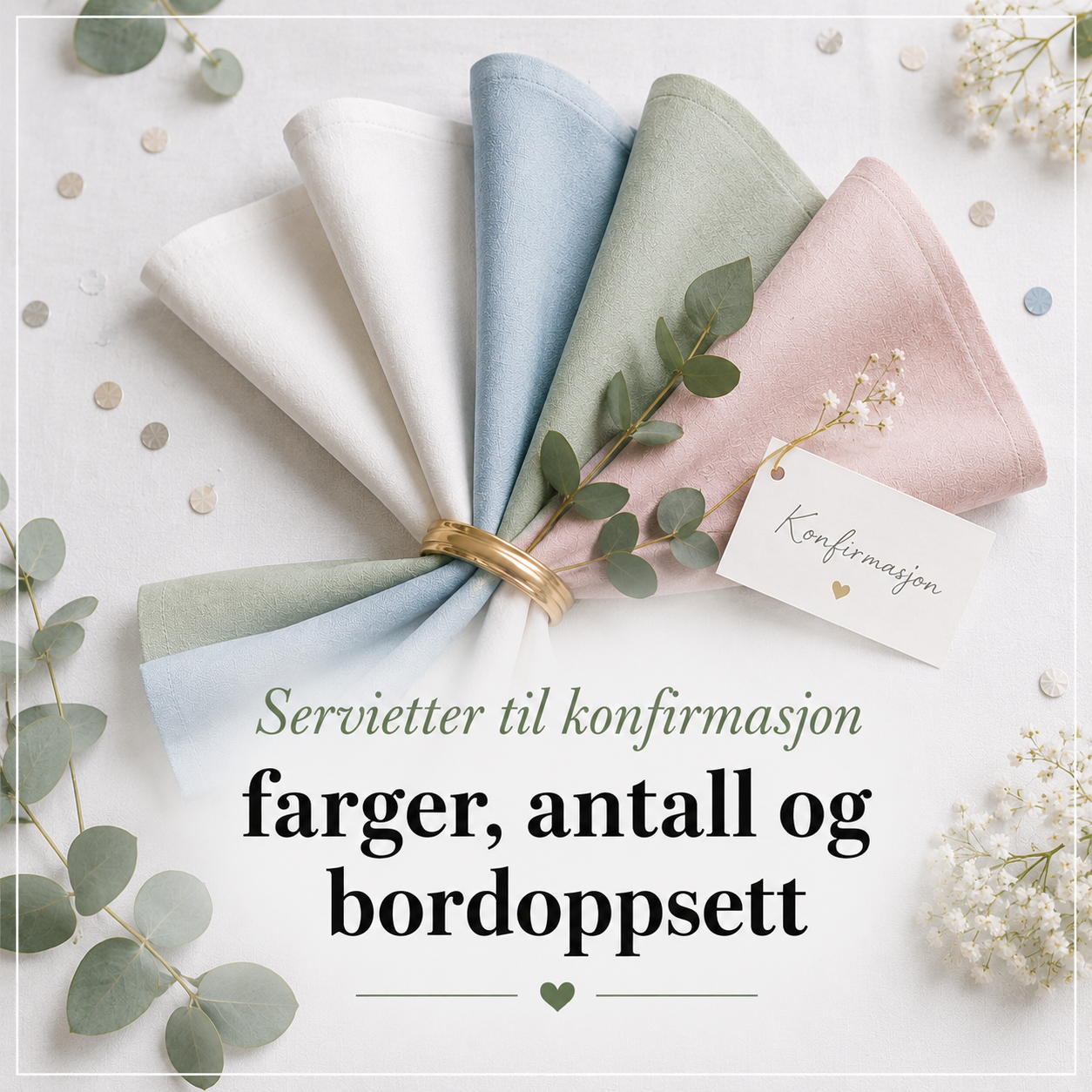 Servietter til konfirmasjon i hvitt, lyseblått, salvie og rosa – farger, antall og bordoppsett