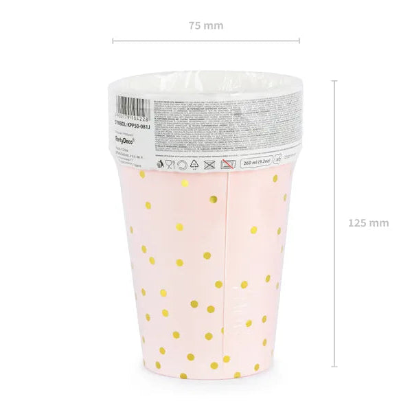 Papirkopper Rosa med Gull Prikker 260 ml - 6 stk