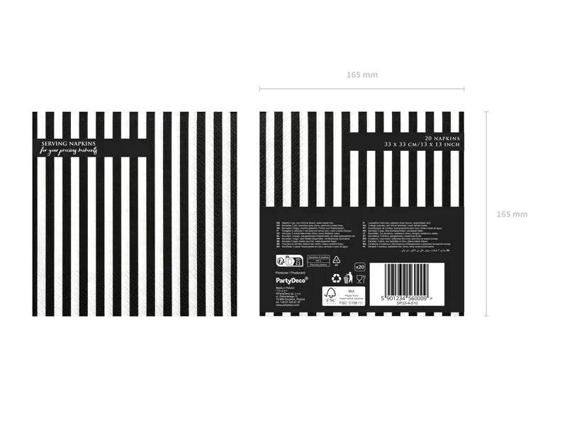 Servietter Sorte Striper 33x33 cm - 20 stk
