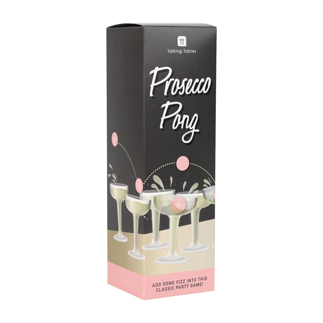 Prosecco Pong drikkespill med plastglass og rosa baller til utdrikningslag