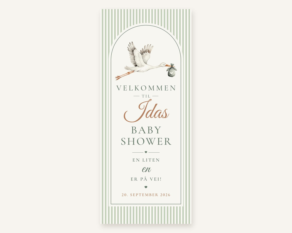 Babyshower banner i salvie med stork, navnet Idas og dato