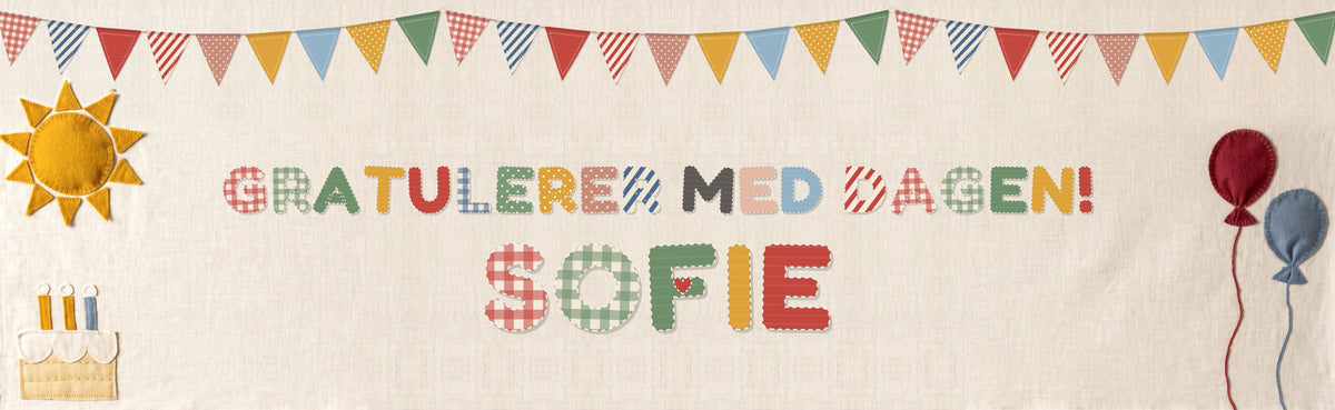 Bursdagsbanner med lappeteppe-bokstaver og vimpler – Gratulerer med dagen Sofie