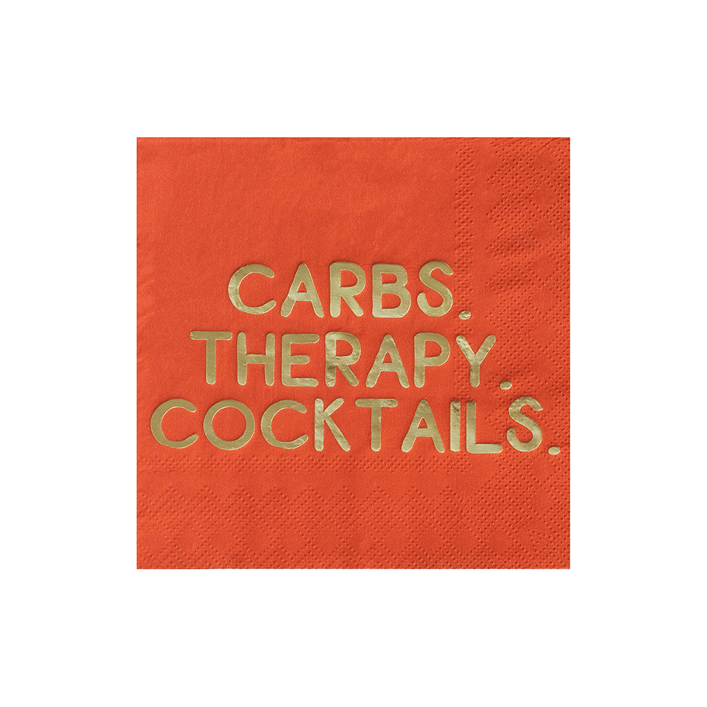 Rustrøde cocktailservietter med gulltekst Carbs Therapy Cocktails