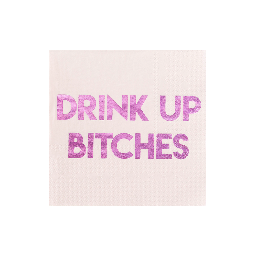 Lyse cocktailservietter med rosa tekst Drink Up til utdrikningslag