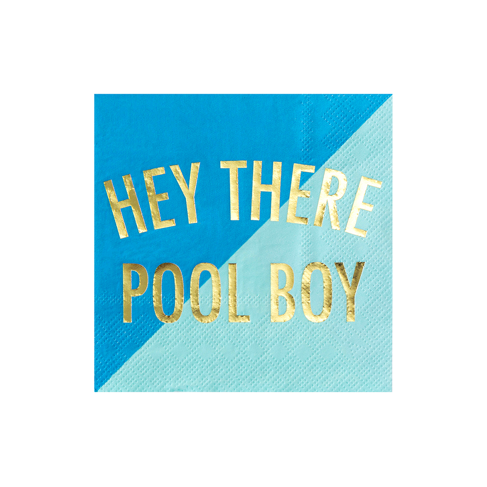 Blå cocktailservietter med gulltekst Hey There Pool Boy til sommerfest