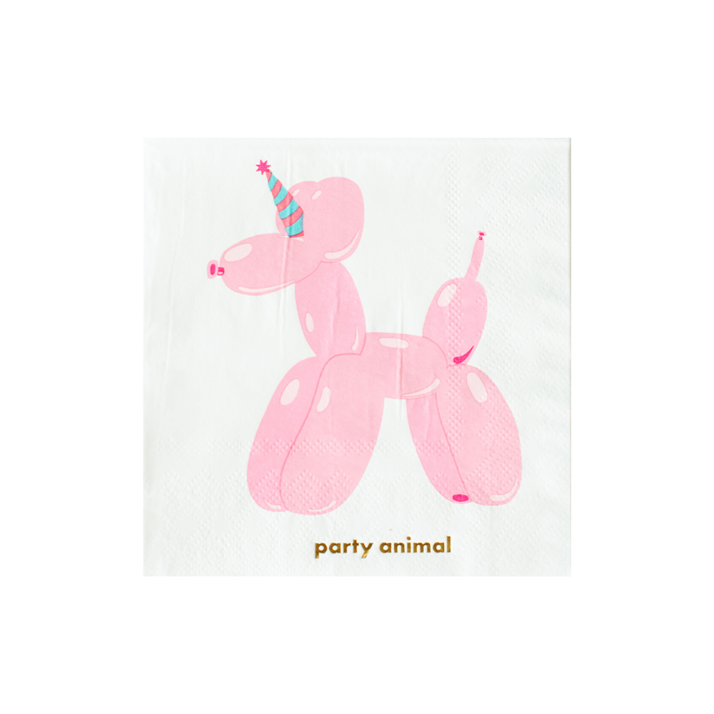 Hvite cocktailservietter med rosa ballonghund og teksten party animal