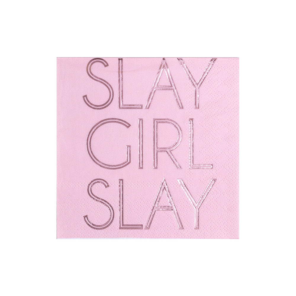 Rosa cocktailservietter med sølvtekst Slay Girl Slay til jentekveld