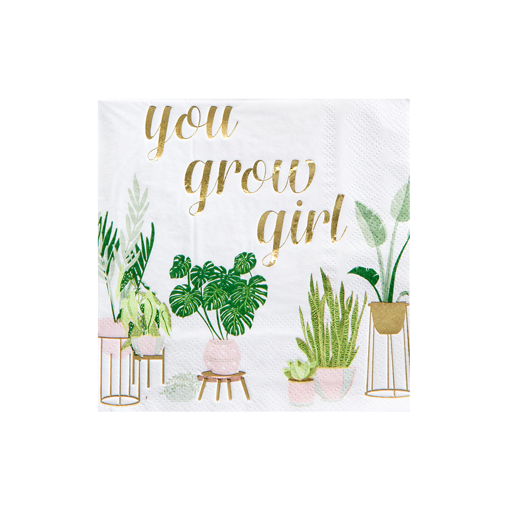 Hvite cocktailservietter med grønne planter og gulltekst You Grow Girl