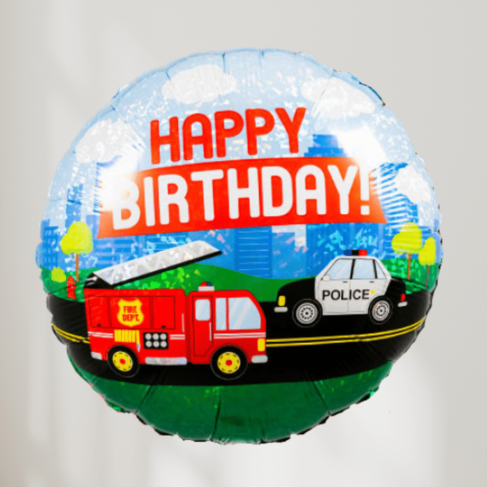 Happy Birthday Brannbil og Politibil Ballong - Ballonglevering.no