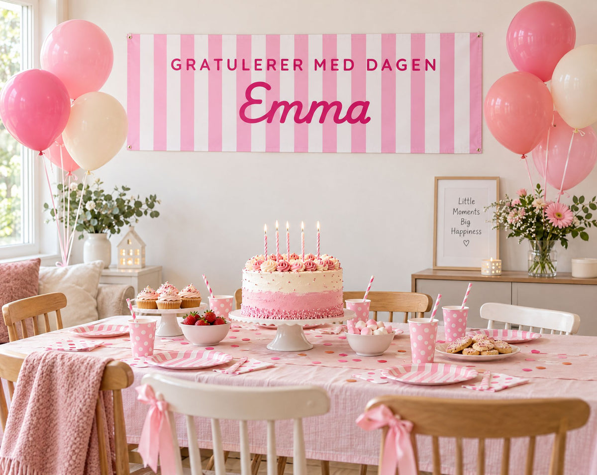 Rosa fargestripebanner med Gratulerer med dagen Emma over et bursdagsbord med kake og rosa ballonger