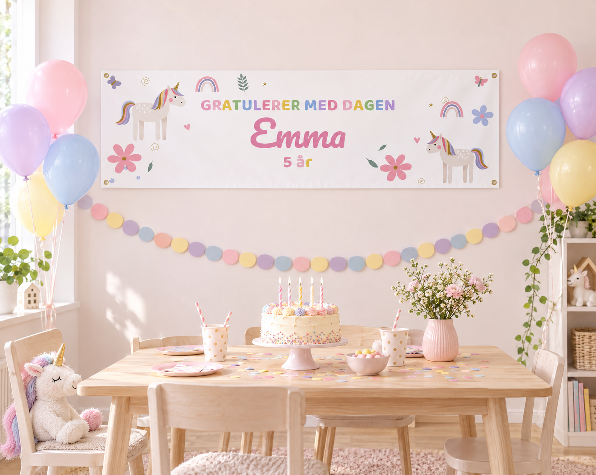 Unicorn-banner med navn henger over kakebordet i et lyst barnerom med pastellballonger