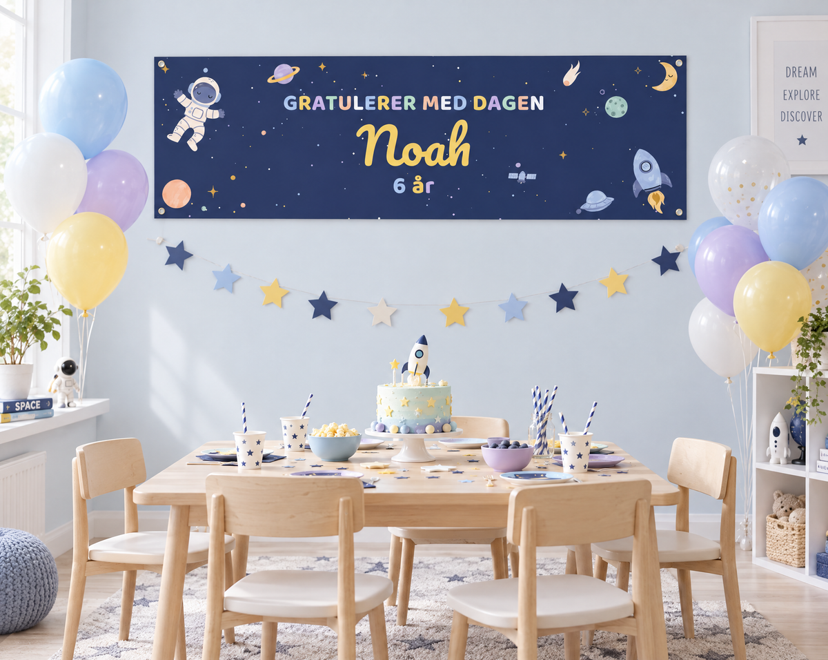 Verdensrom-banner med navn henger over kakebordet i et lyst barnerom med pastellballonger og stjernegirlander