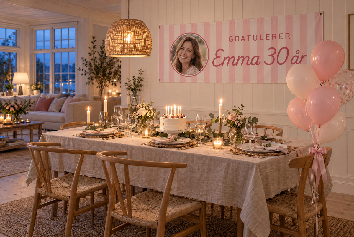 Rosa stripebanner med eget bilde i sirkel og Gratulerer Emma 30 år over et dekket bursdagsbord med kake og ballonger