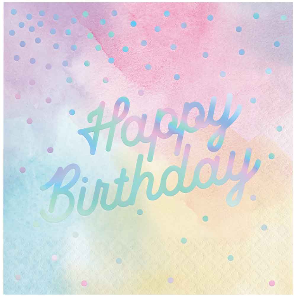 Iriserende Servietter Folietrykket Happy Birthday 16 stk