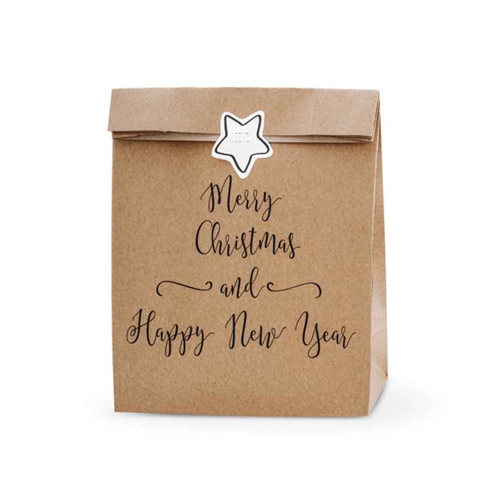 Gaveposer Merry Christmas and Happy New Year Kraftpapir 3 stk.