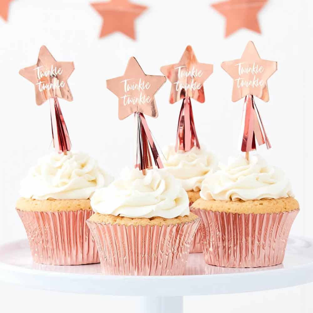 Twinkle Twinkle Cupcake Topper Stjerner med Tassels Rosegull 12 stk.