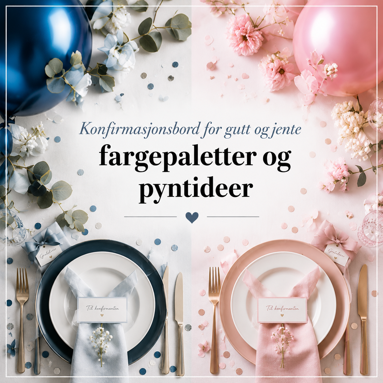 Konfirmasjonsbord for gutt og jente – borddekking i blått og rosa med fargepaletter og pyntideer