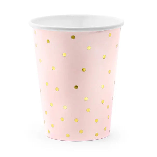 Papirkopper Rosa med Gull Prikker 260 ml - 6 stk
