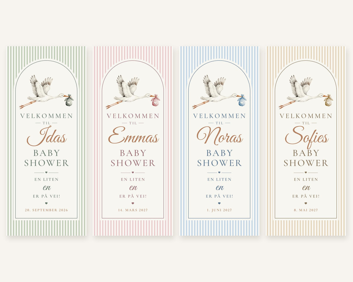 Babyshower banner med navn og stork i fire farger: salvie, rosa, lyseblå og sand