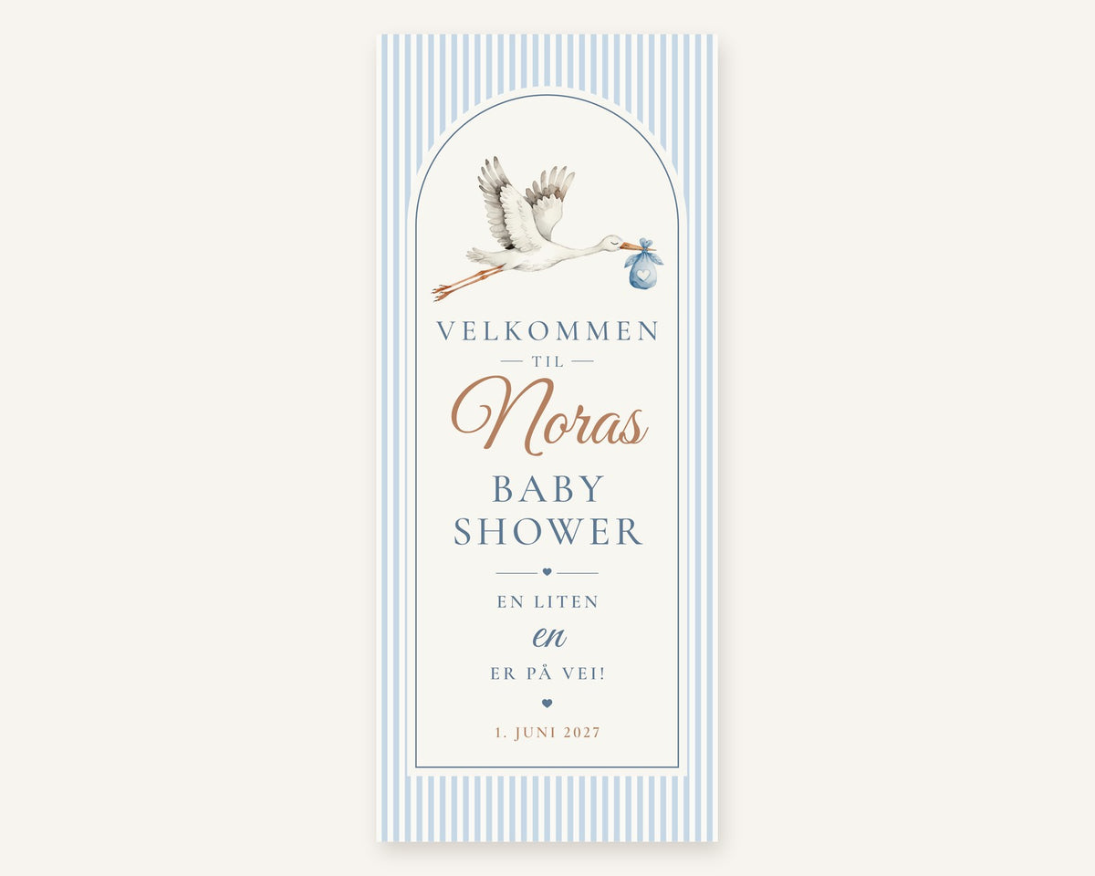 Babyshower banner i lyseblå med stork og navnet Noras