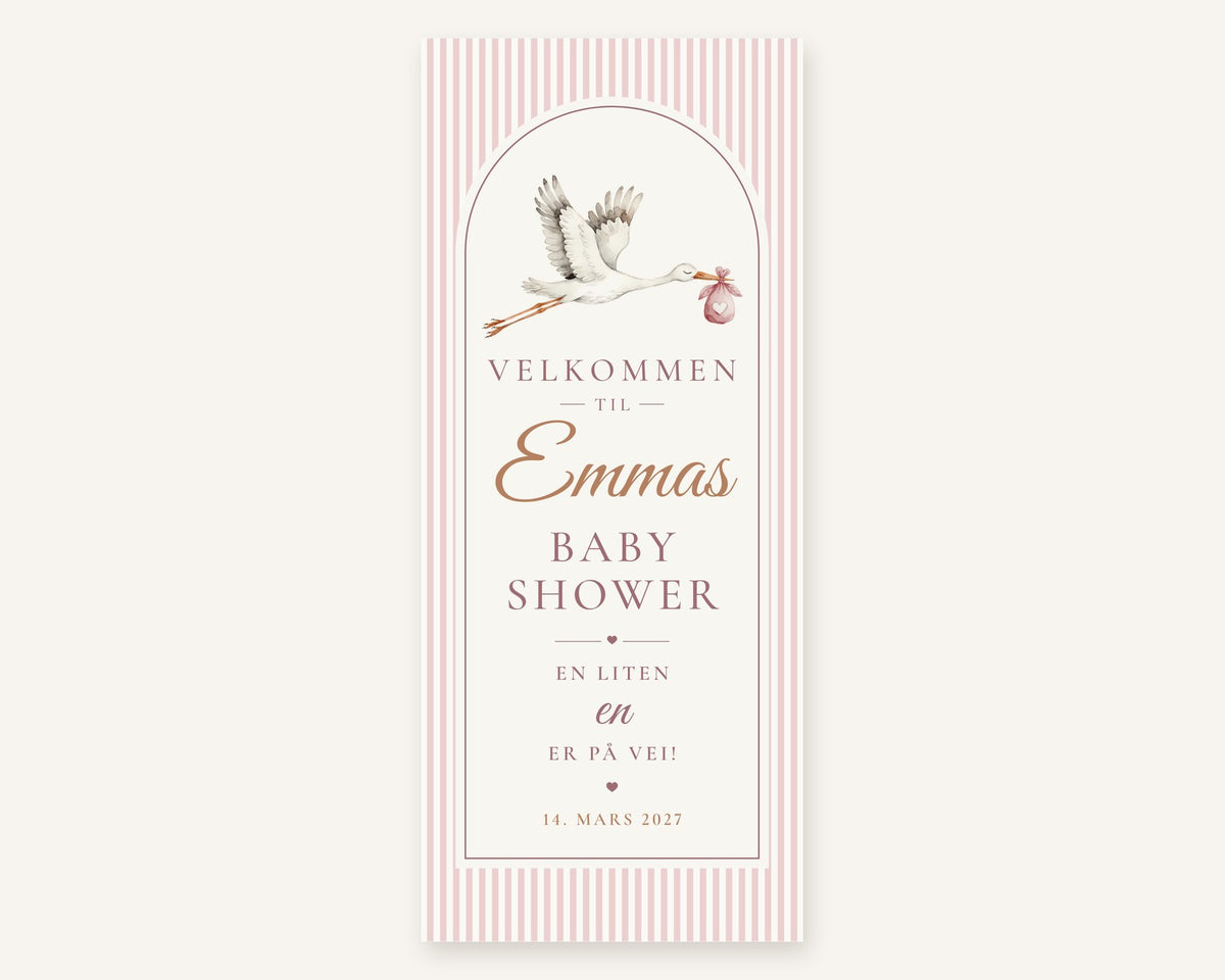 Babyshower banner i rosa med stork og navnet Emmas