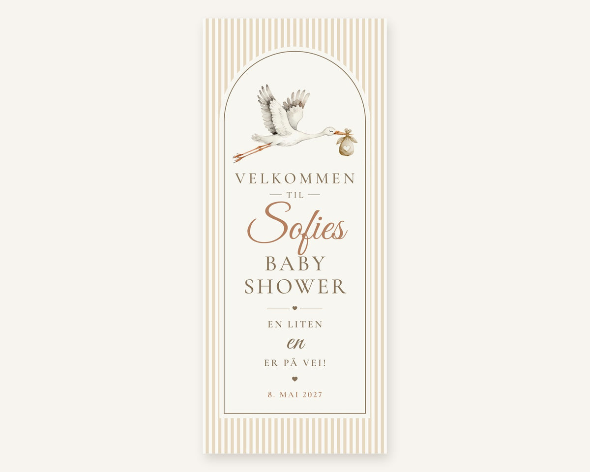 Babyshower banner i sand med stork og navnet Sofies