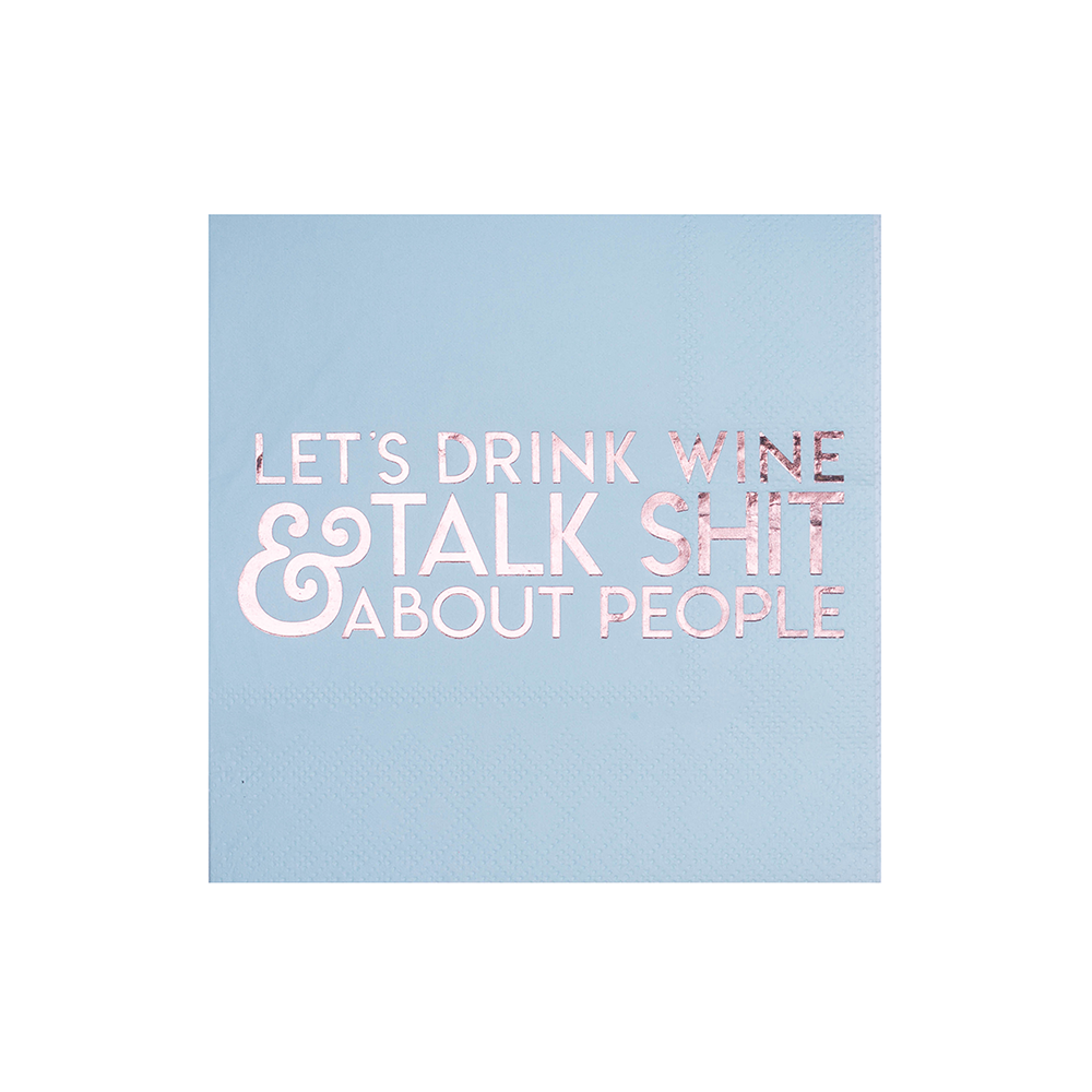 Lyseblå cocktailservietter med hvit tekst Let's Drink Wine til vinkveld