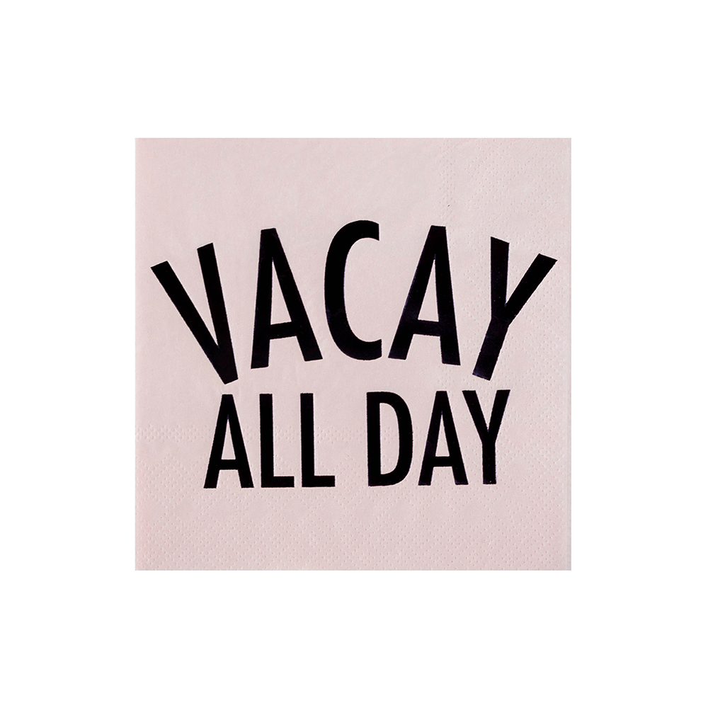 Beige cocktailservietter med svart tekst Vacay All Day til sommerfest
