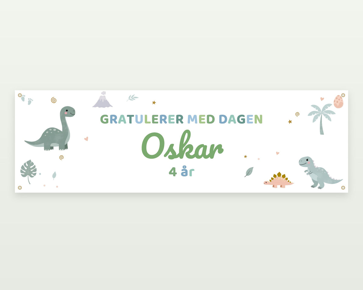 Dinosaur-banner med navn i grønne og blå farger, 130 × 40 cm