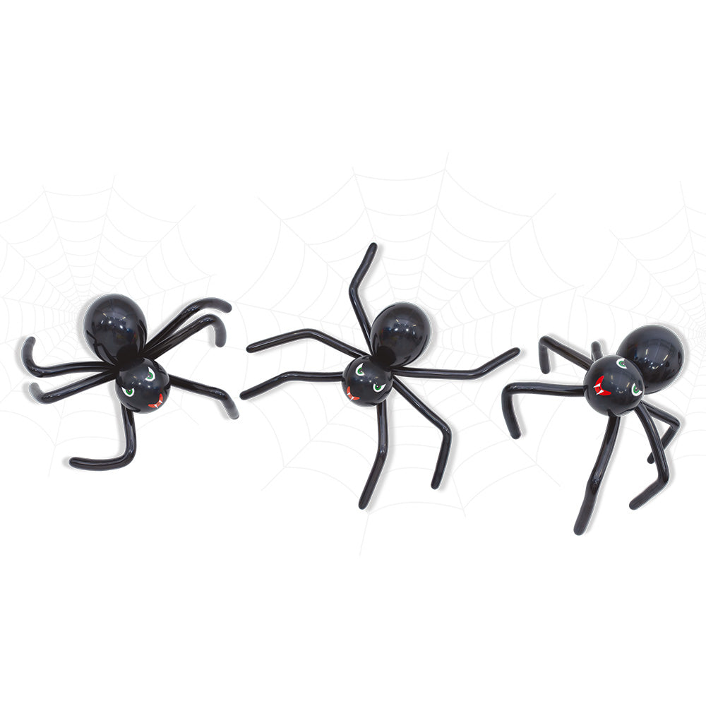 Spooky Spider ballong-edderkopper montert – eksempel på ferdig Halloween-dekorasjon