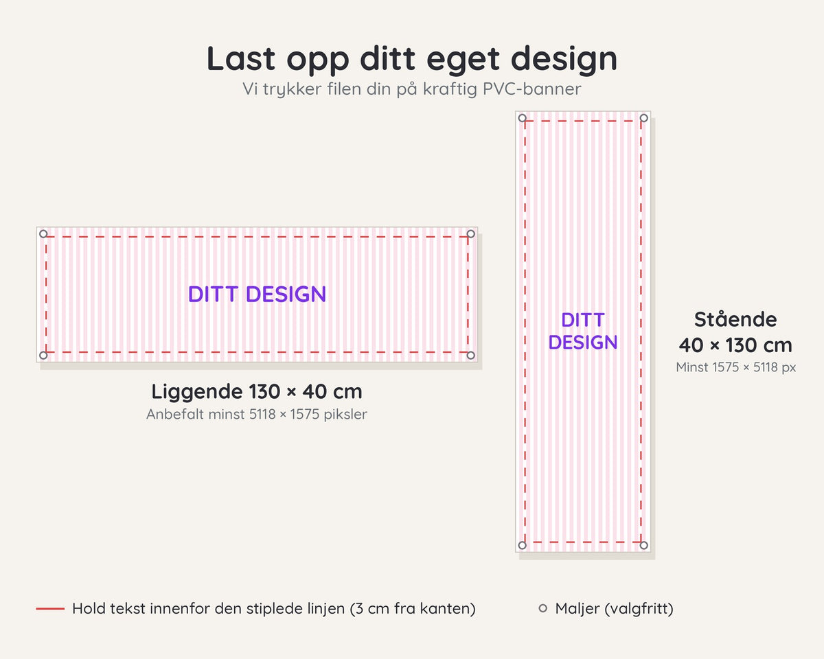 Banner med eget design: liggende 130 × 40 cm og stående 40 × 130 cm med sikker sone og maljer