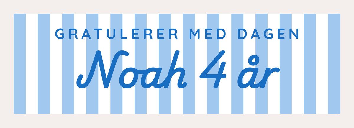 Personlig banner i blå striper med navnet Noah og alder