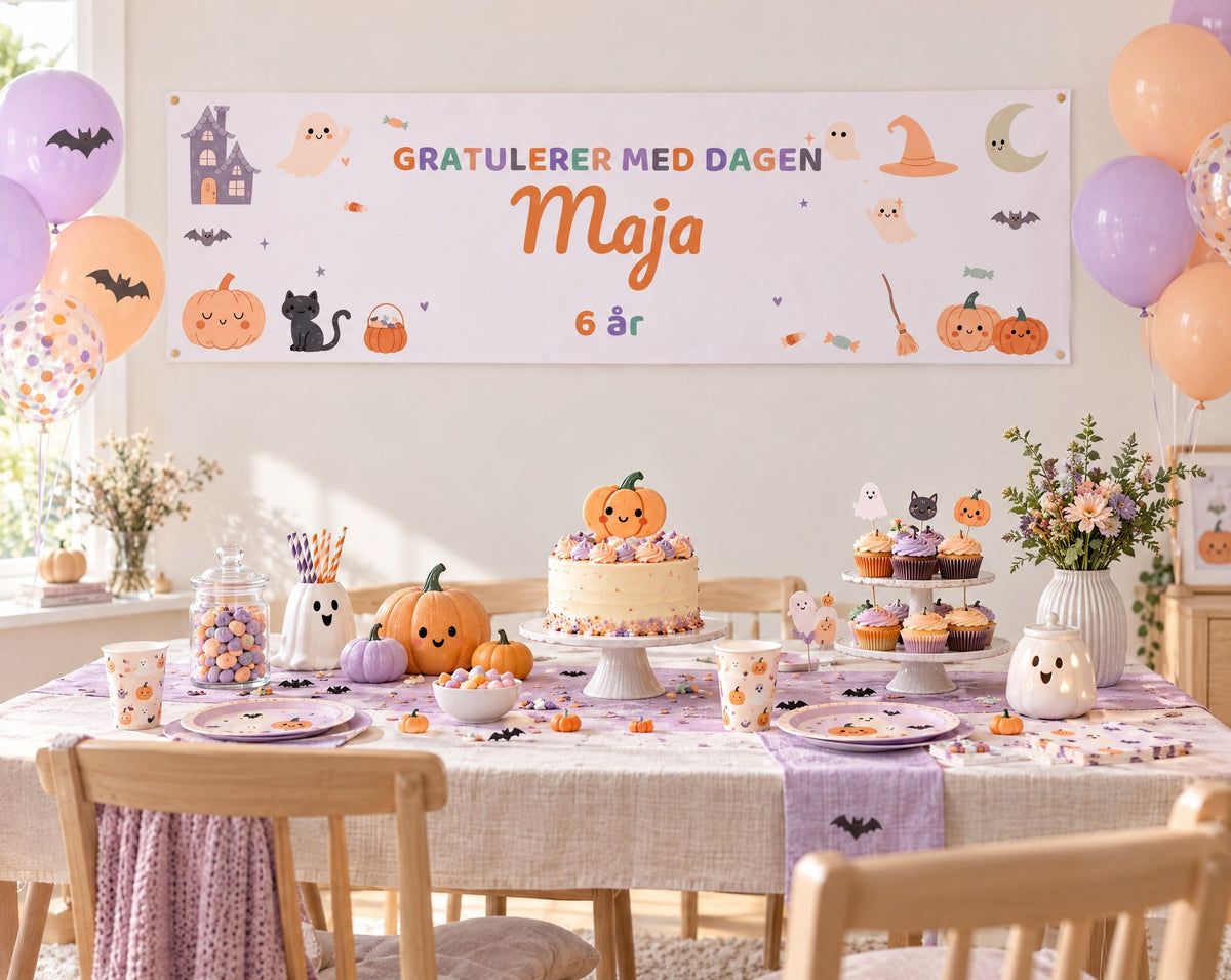Halloween-banner for barn hengt opp over et pyntet bursdagsbord med gresskar og pastellballonger