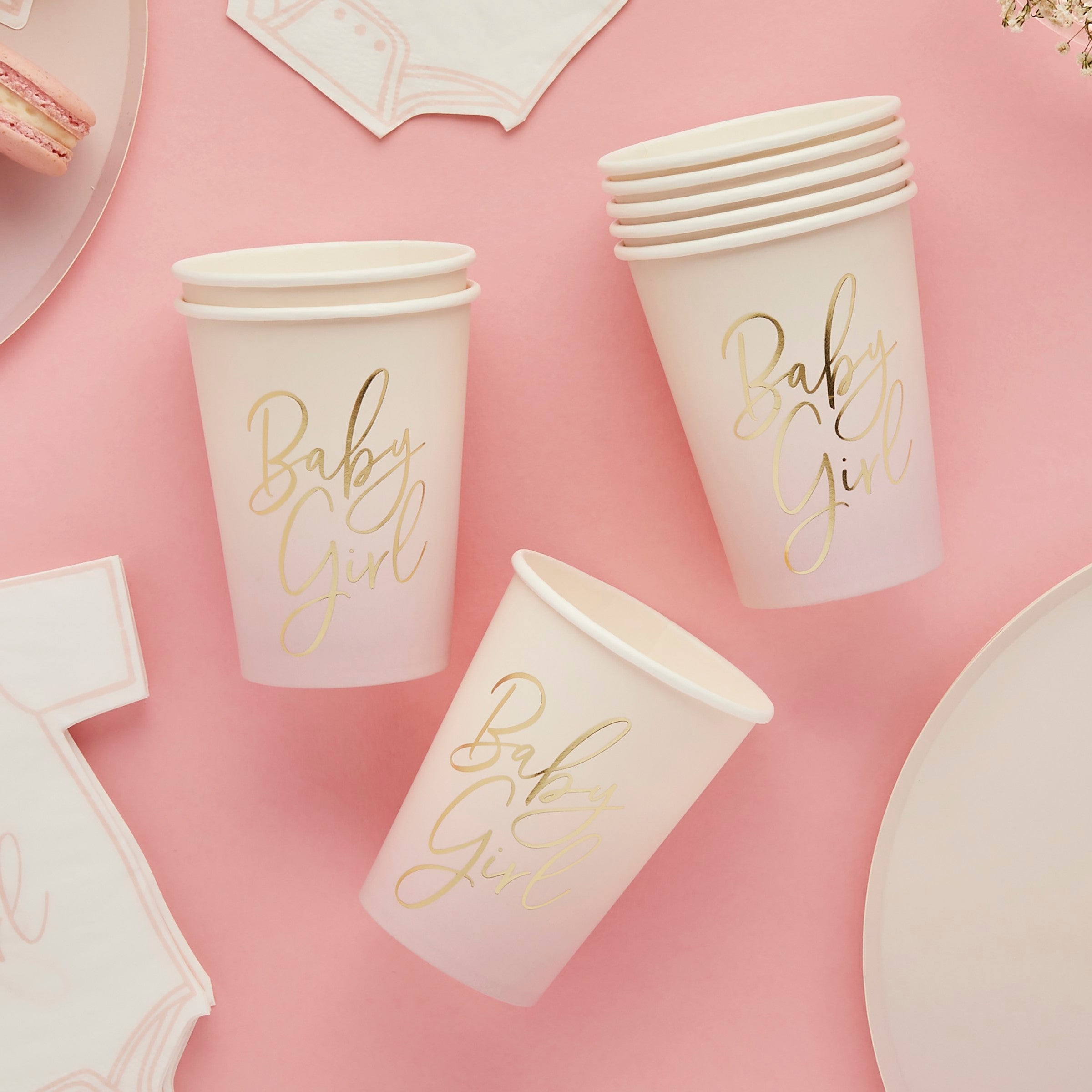 Papkopper «Baby Girl» Rosa – 8 pk – brukt i festdekorasjon