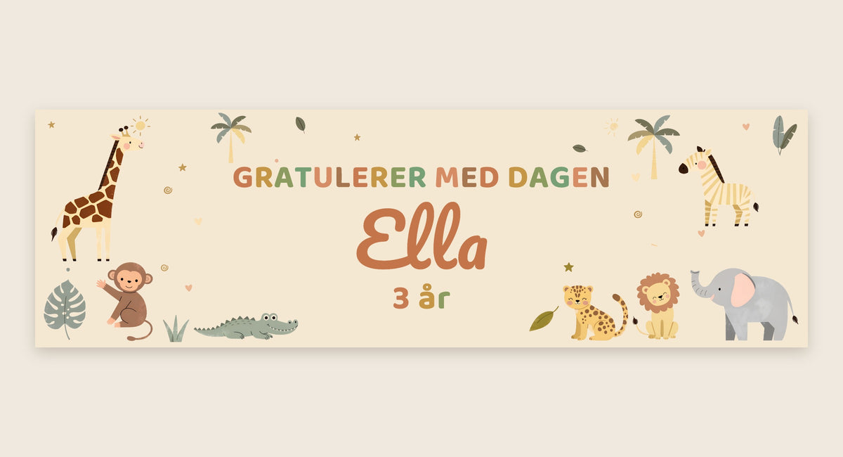Safari-banner med navn – sjiraff, løve, elefant, sebra, gepard, sjimpanse og krokodille, tekst Gratulerer med dagen Ella 3 år