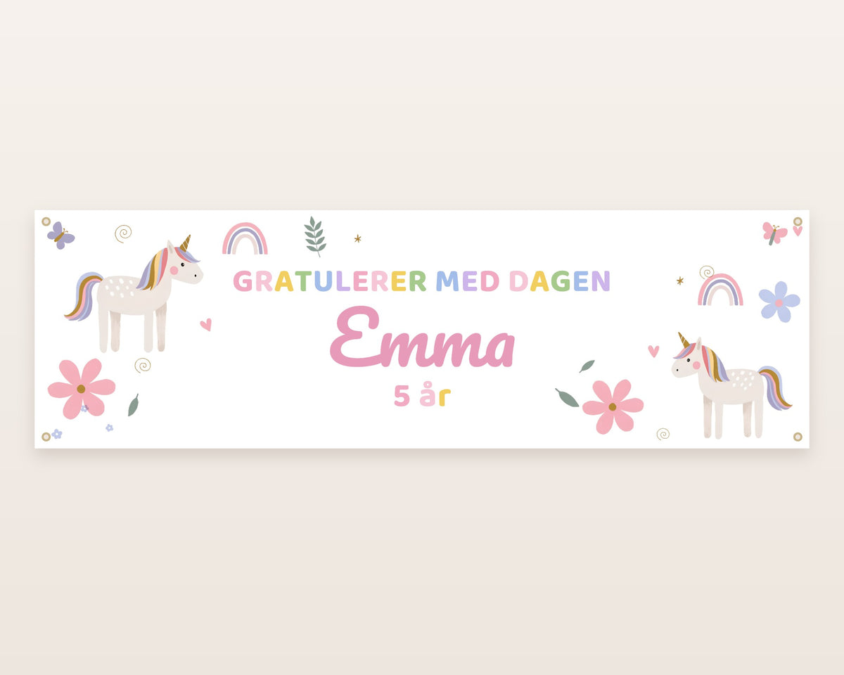 Unicorn-banner med navn i regnbuefarger, 130 × 40 cm