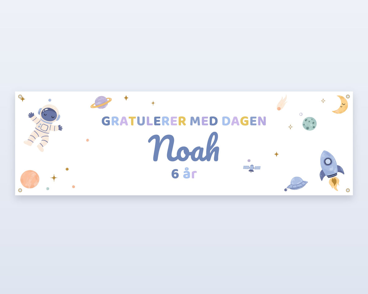 Verdensrom-banner med navn, lys bakgrunn, 130 × 40 cm