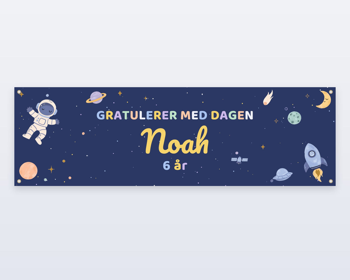 Verdensrom-banner med navn, mørkeblå stjernehimmel, 130 × 40 cm
