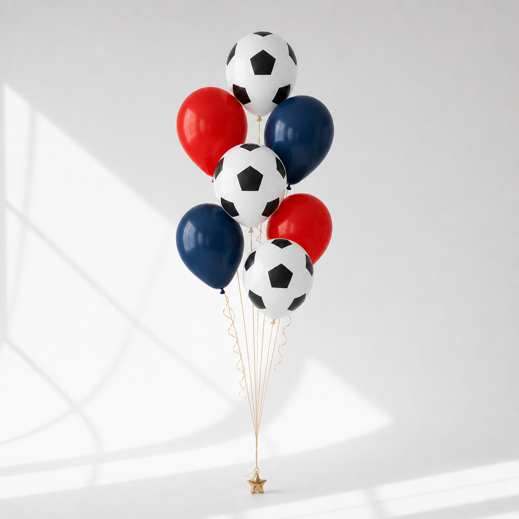 VM Ballongbukett — fotballballonger og røde, hvite og blå heliumballonger, komplett sett med heliumtank fra Festkompaniet
