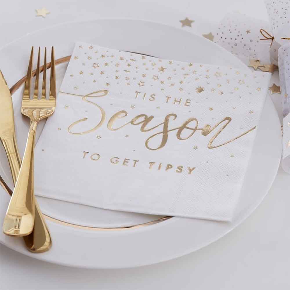 Gold Glitter Tis The Season Servietter 16 stk.