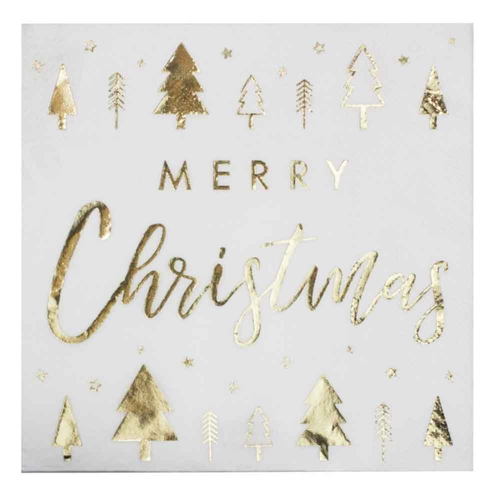 Gold Glitter Servietter 'Merry Christmas' Gullfolie 16 stk.