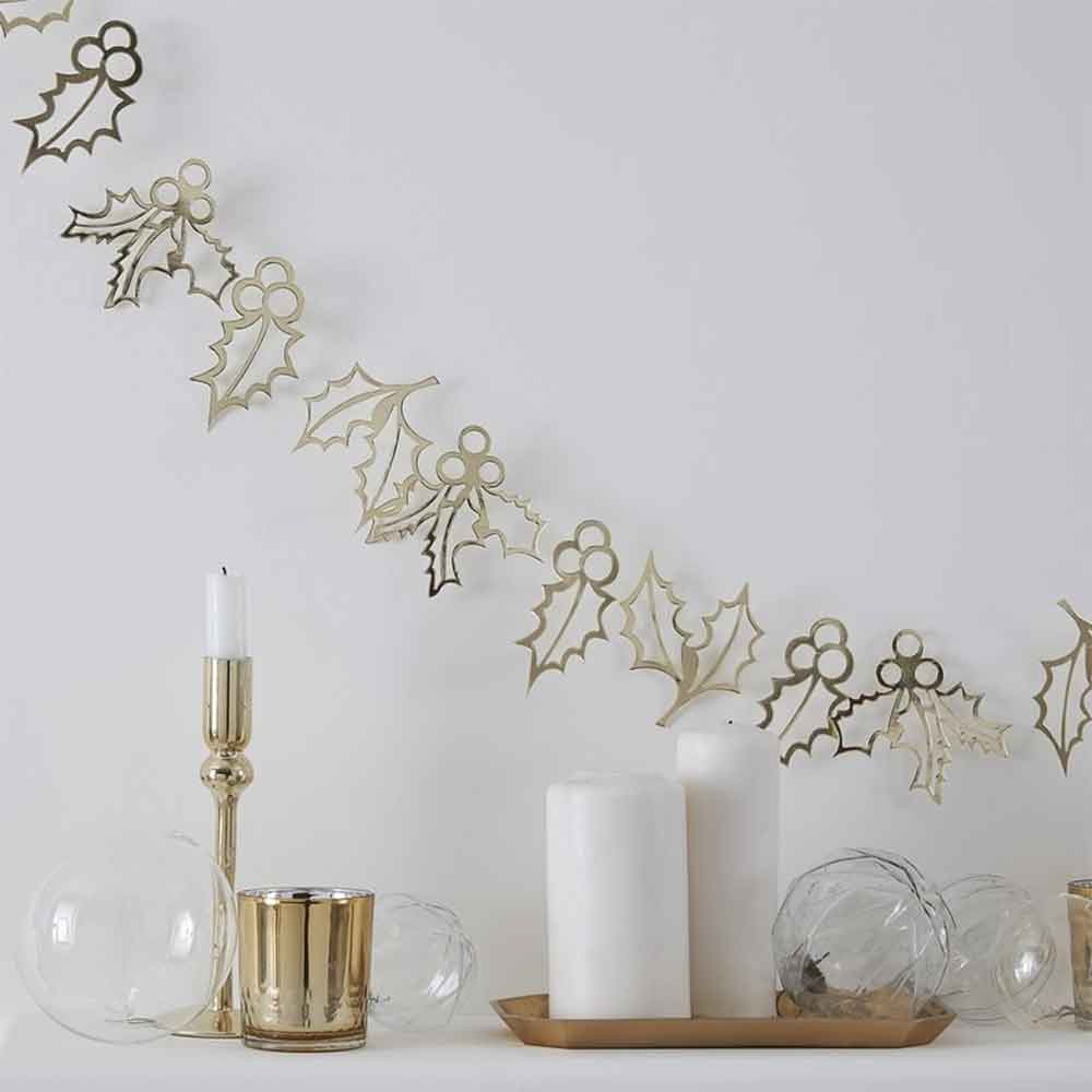 Gold Glitter Girlander Holly Christmas 2 m.