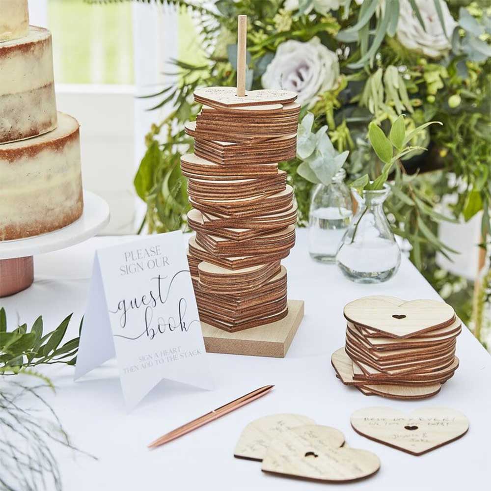 Botanical Wedding Stack Wooden Hearts Gjestebok Alternativ